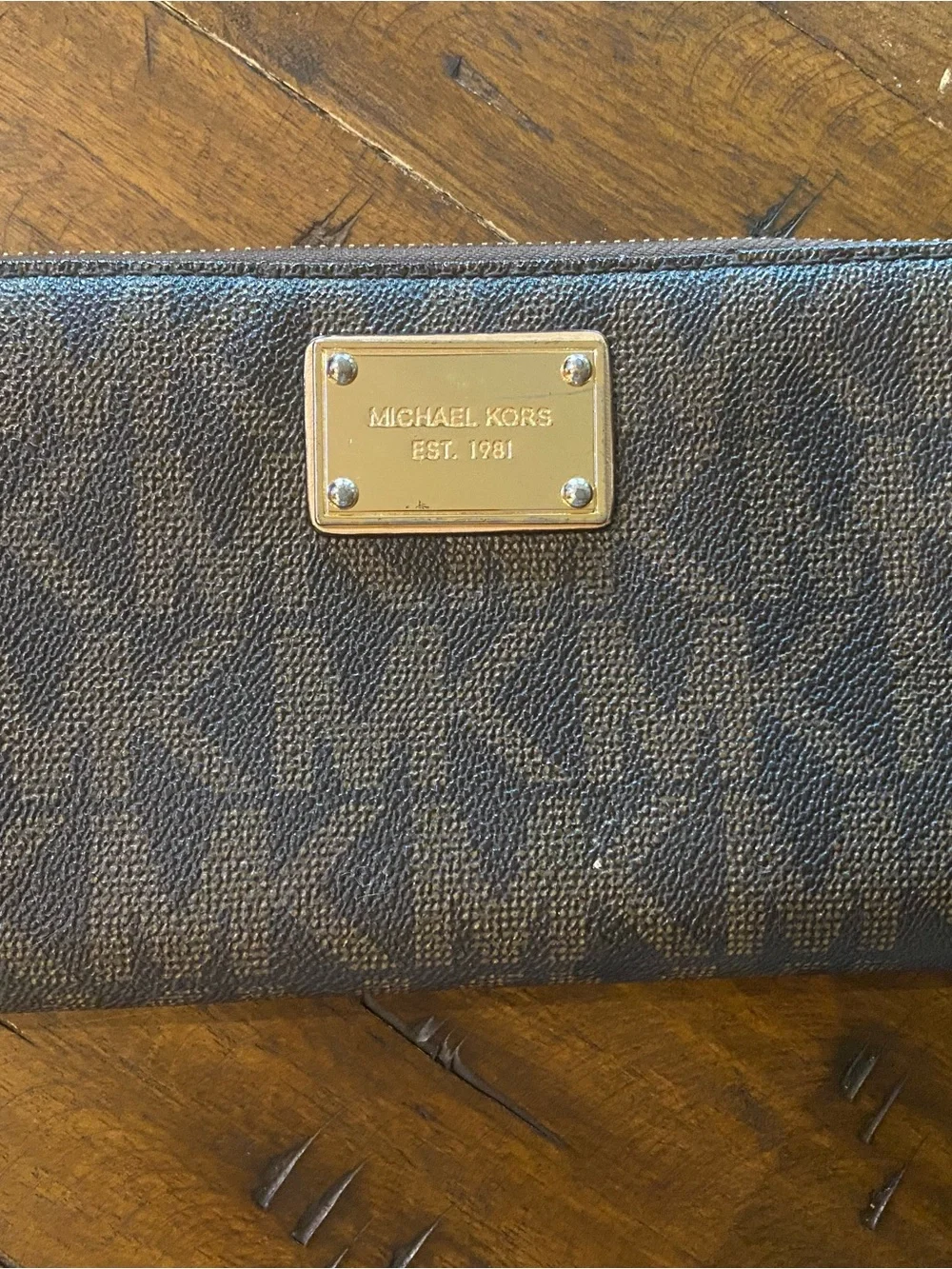Michael Kors Dark Brown MK Logo Continental Wallet with Gold Plate